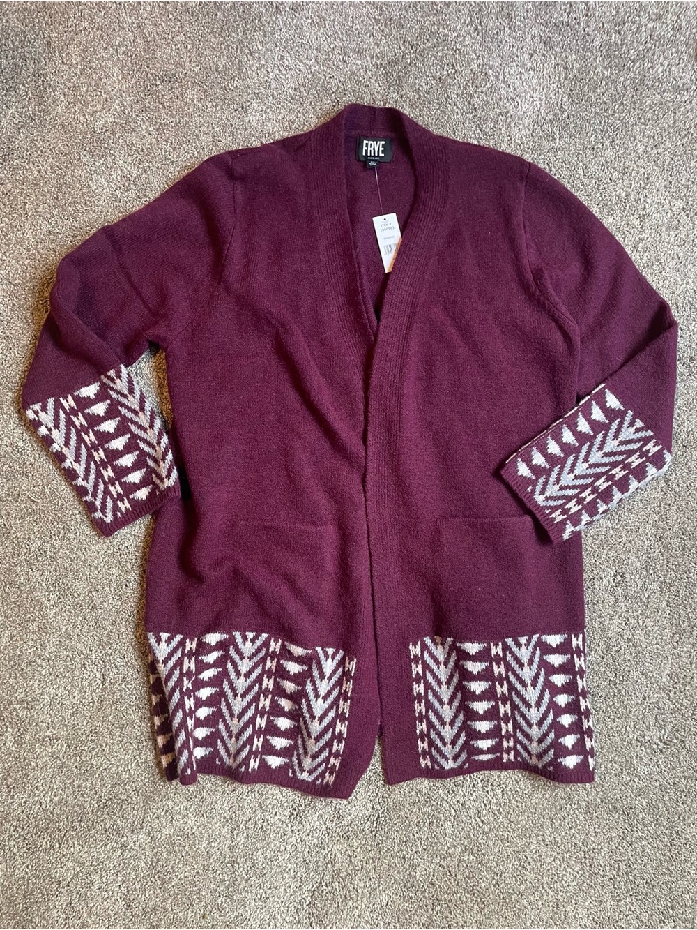 NWT FRYE Women’s Burgundy Open-Front Cardigan with Geometric Trim Size XL